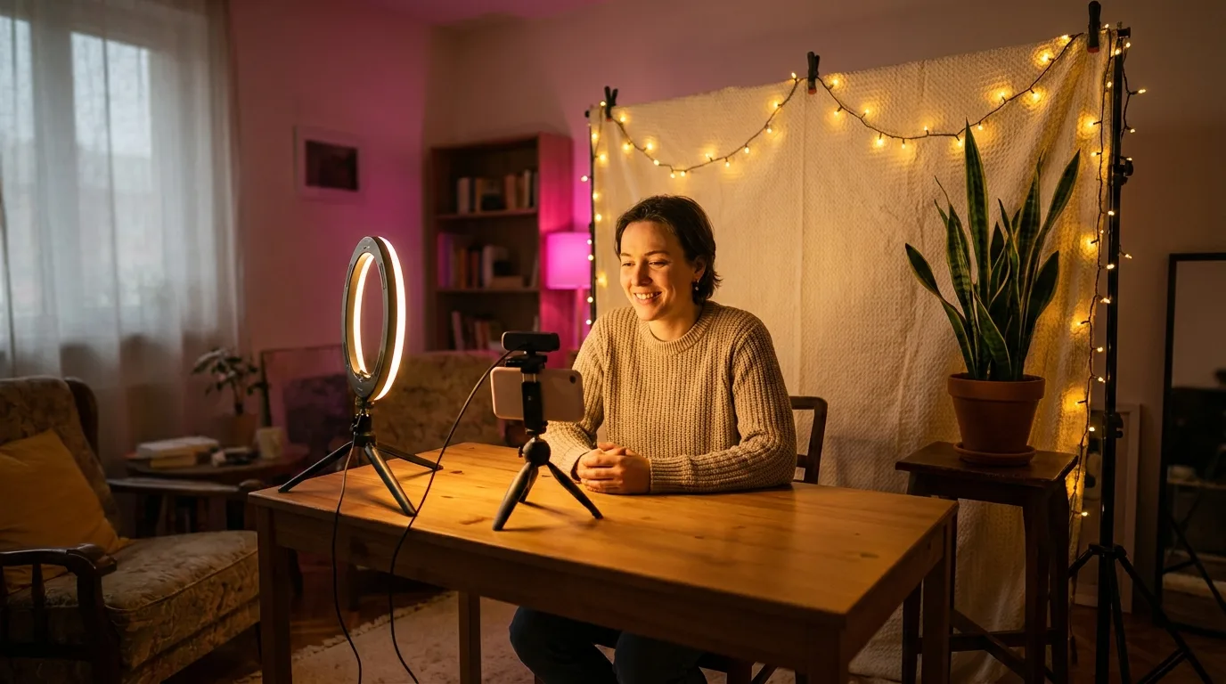A neat, budget-friendly home streaming setup with a ring light, webcam, and fabric backdrop.