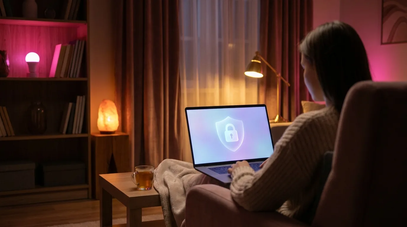 A reassuring scene of privacy and control at home: drawn curtains, a laptop with a soft shield motif, a woman's soft silhouette.