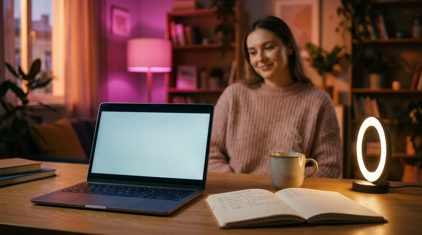 A welcoming cozy home setup with a laptop and a beginner checklist.