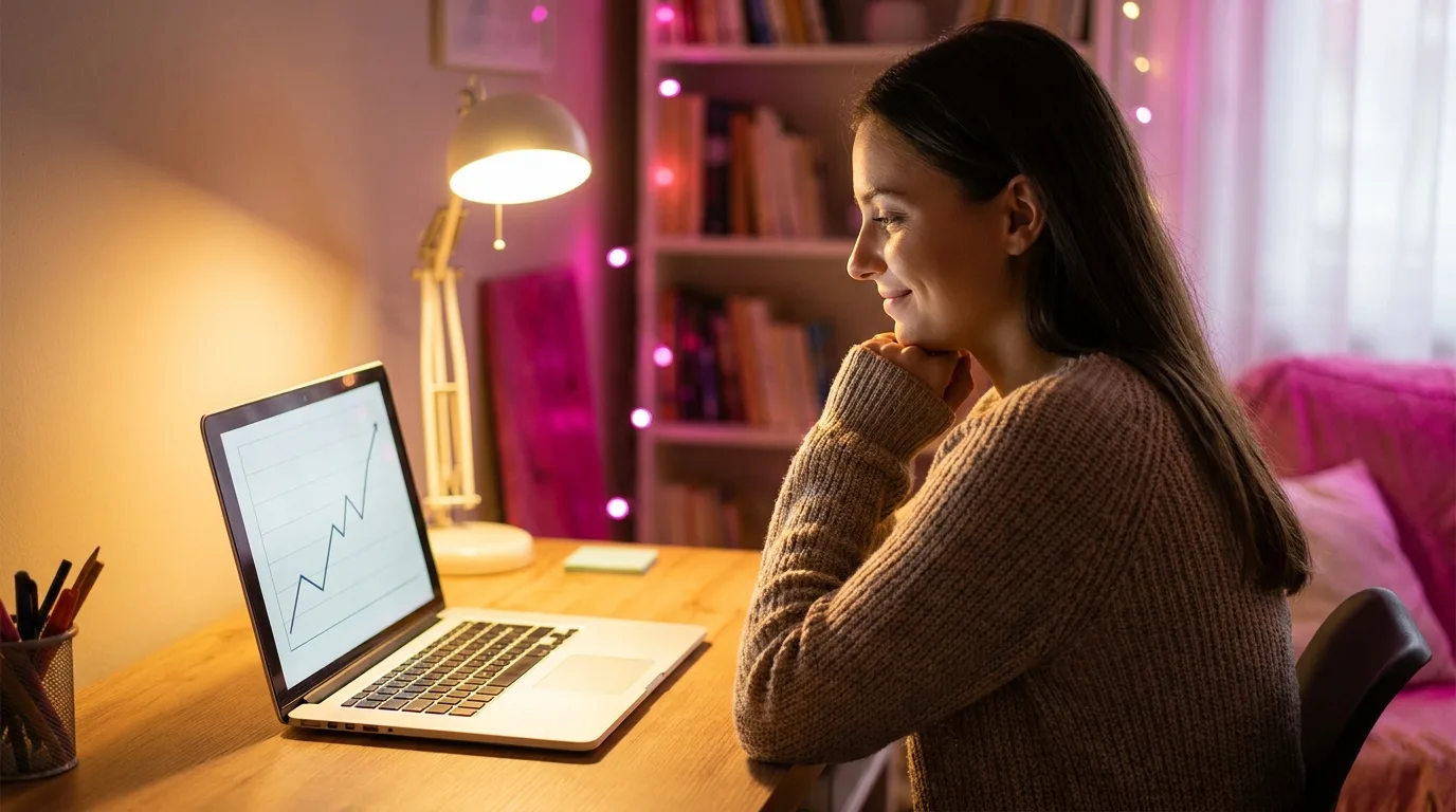 A woman at a home desk reviewing a laptop showing a rising earnings graph, quietly relieved.