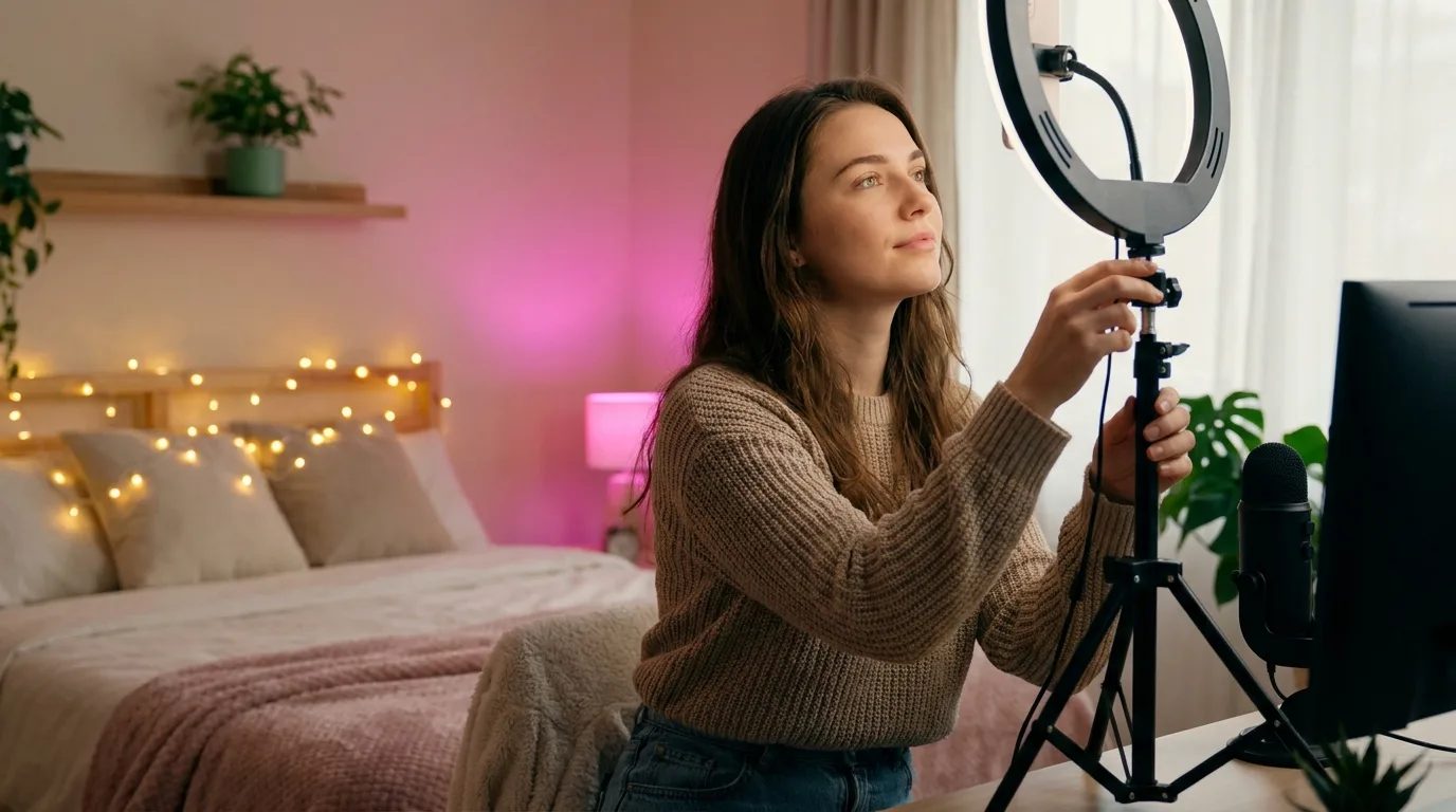 A woman arranging a cozy streaming corner at home, first-step energy.