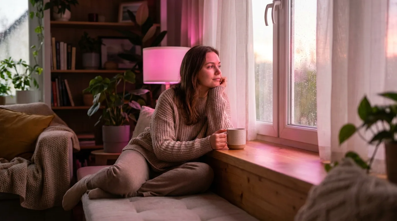 A woman by a window with tea, thoughtfully weighing a decision about her future.